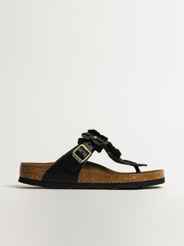 BIRKENSTOCK WOMENS BIRKENSTOCK GIZEH FLOWER LEATHER SANDALS - REGULAR - BLACK - Blackwell Supply Co.
